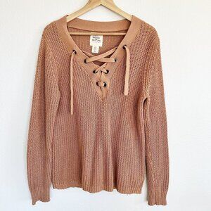 Between Me & You Sweater Oversize Lace Up Thick Knit Pullover Camel